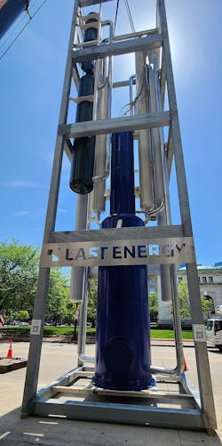 A closer look at Last Energy's nuclear small modular reactor (SMR) from the curb outside the Washington Convention Center in downtown D.C. for Data Center World (Apr. 15-18).