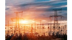 Electricity distribution substation with power lines and transformers