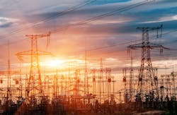 Electricity distribution substation with power lines and transformers