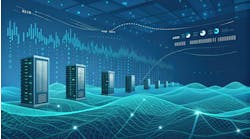 AI-generated graphic of data center server towers standing on a digital landscape representing data flowing in cyberspace.