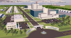 A n illustration of Green Energy Partners' planned data center and energy campus near the Surry Nuclear Power Station in Southeastern Virginia.